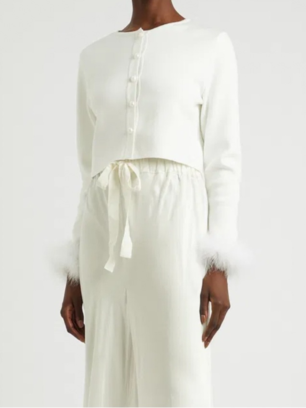Sleeper Cream Feather-Trim Knit Crop Cardigan Set